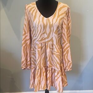 Zebra Print Long Sleeve Dress soft pink & tan